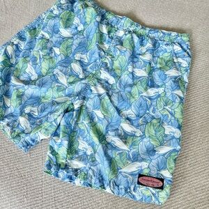 Vinyard Vines Men's Swimsuit Swim Trunks SMALL Blue Fish Palm Leaves Mesh Liner